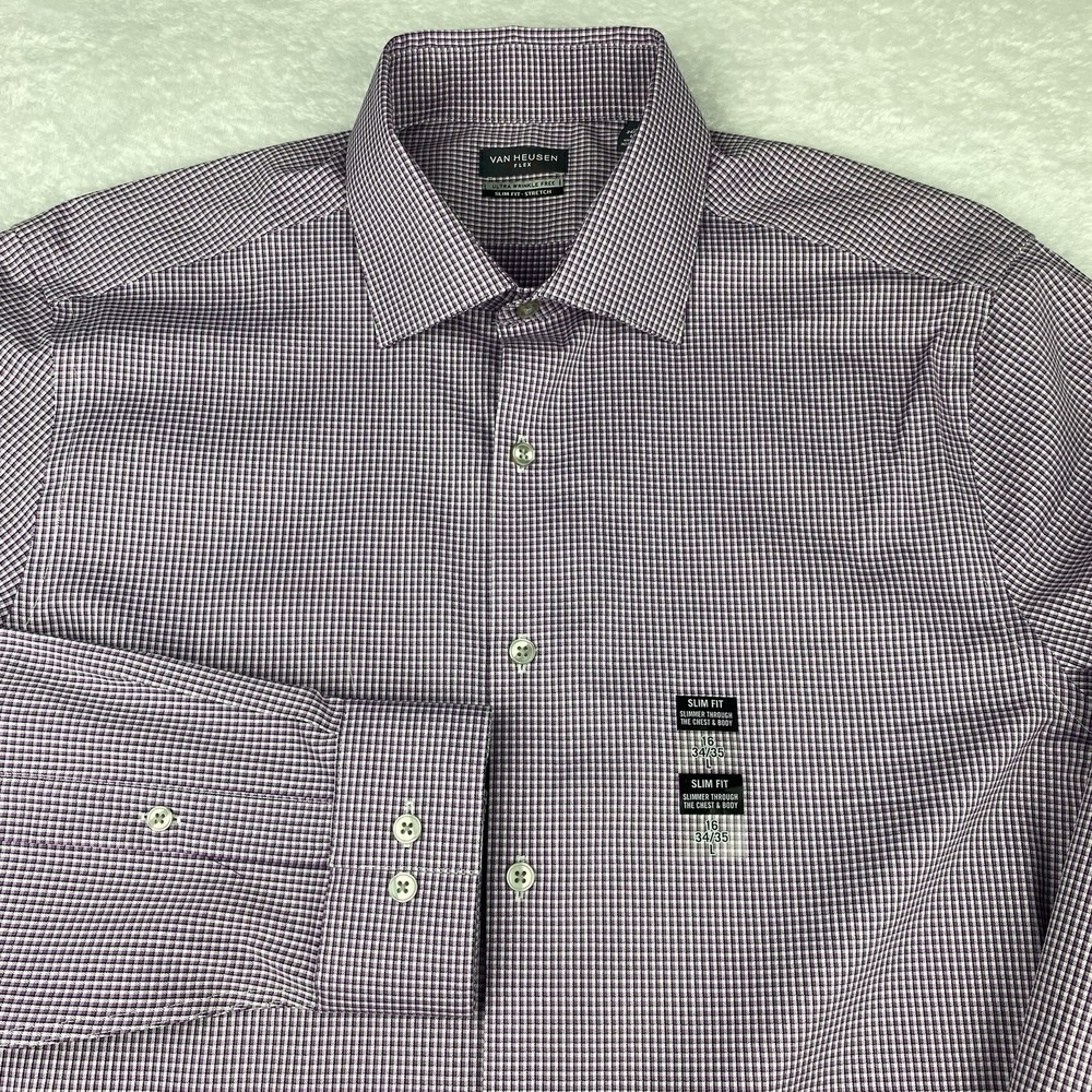Van Heusen Dress Shirt Mens 16-34/35 Purple Checks Slim Fit Stretch No Iron NWT!
